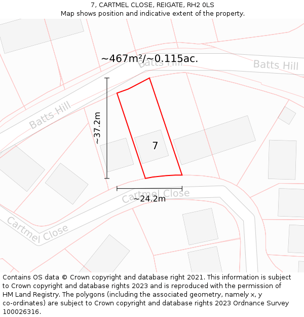 7, CARTMEL CLOSE, REIGATE, RH2 0LS: Plot and title map