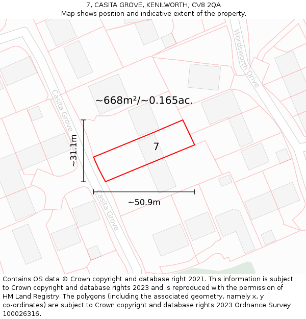 7, CASITA GROVE, KENILWORTH, CV8 2QA: Plot and title map