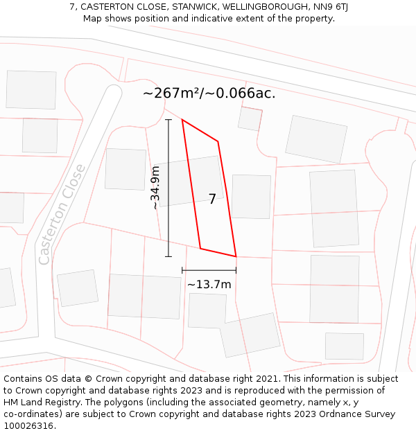 7, CASTERTON CLOSE, STANWICK, WELLINGBOROUGH, NN9 6TJ: Plot and title map