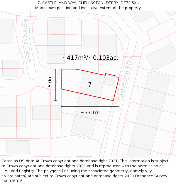 7, CASTLELAND WAY, CHELLASTON, DERBY, DE73 5XU: Plot and title map