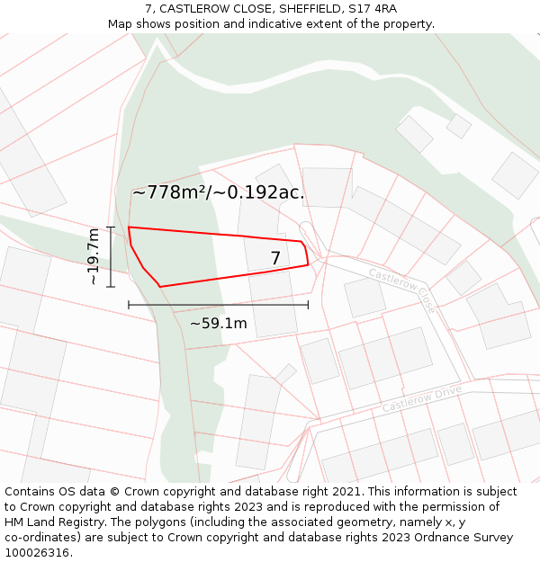 7, CASTLEROW CLOSE, SHEFFIELD, S17 4RA: Plot and title map