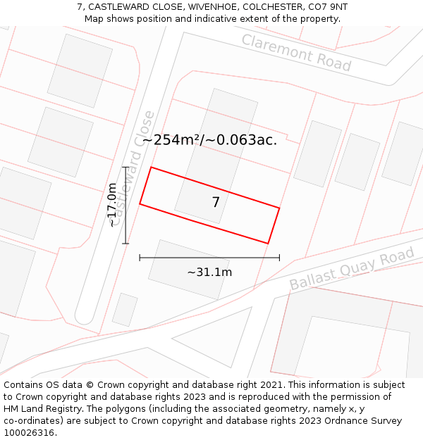 7, CASTLEWARD CLOSE, WIVENHOE, COLCHESTER, CO7 9NT: Plot and title map