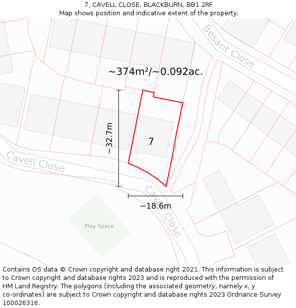 7, CAVELL CLOSE, BLACKBURN, BB1 2RF: Plot and title map