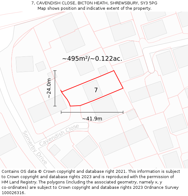 7, CAVENDISH CLOSE, BICTON HEATH, SHREWSBURY, SY3 5PG: Plot and title map