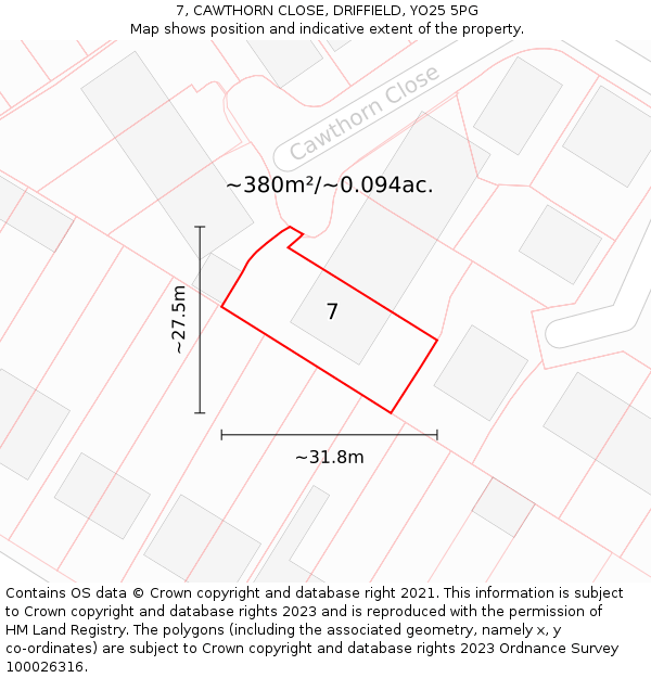 7, CAWTHORN CLOSE, DRIFFIELD, YO25 5PG: Plot and title map
