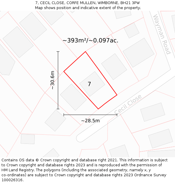 7, CECIL CLOSE, CORFE MULLEN, WIMBORNE, BH21 3PW: Plot and title map
