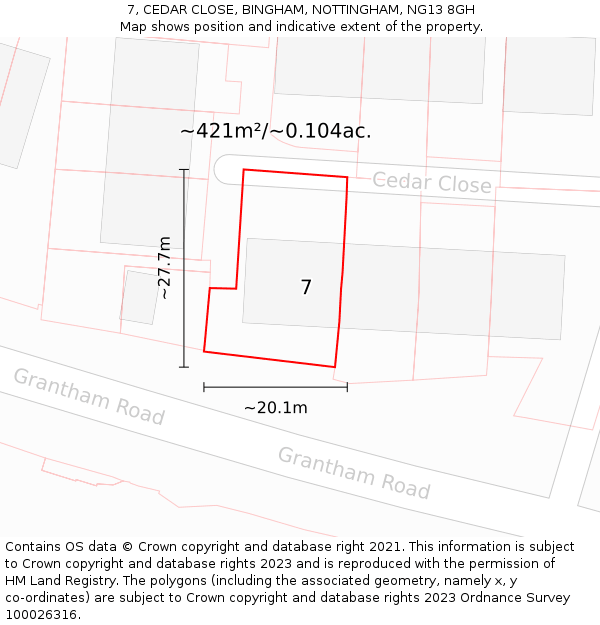 7, CEDAR CLOSE, BINGHAM, NOTTINGHAM, NG13 8GH: Plot and title map