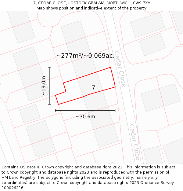 7, CEDAR CLOSE, LOSTOCK GRALAM, NORTHWICH, CW9 7XA: Plot and title map