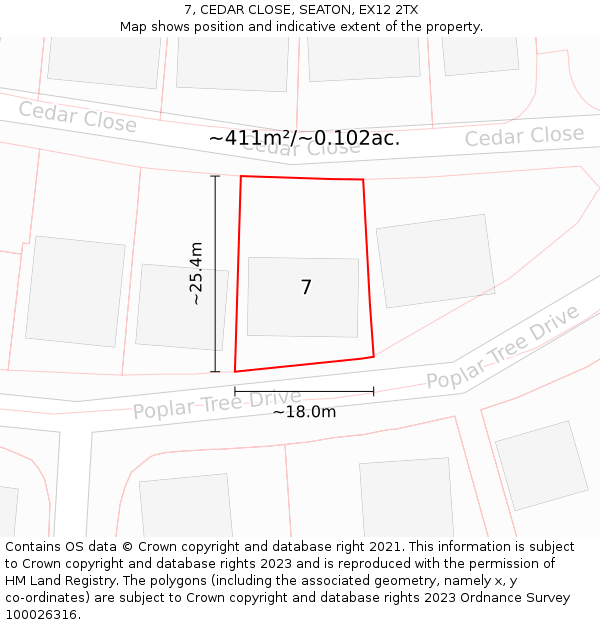 7, CEDAR CLOSE, SEATON, EX12 2TX: Plot and title map
