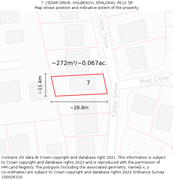 7, CEDAR DRIVE, HOLBEACH, SPALDING, PE12 7JP: Plot and title map