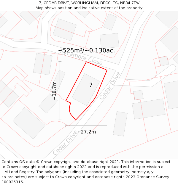7, CEDAR DRIVE, WORLINGHAM, BECCLES, NR34 7EW: Plot and title map