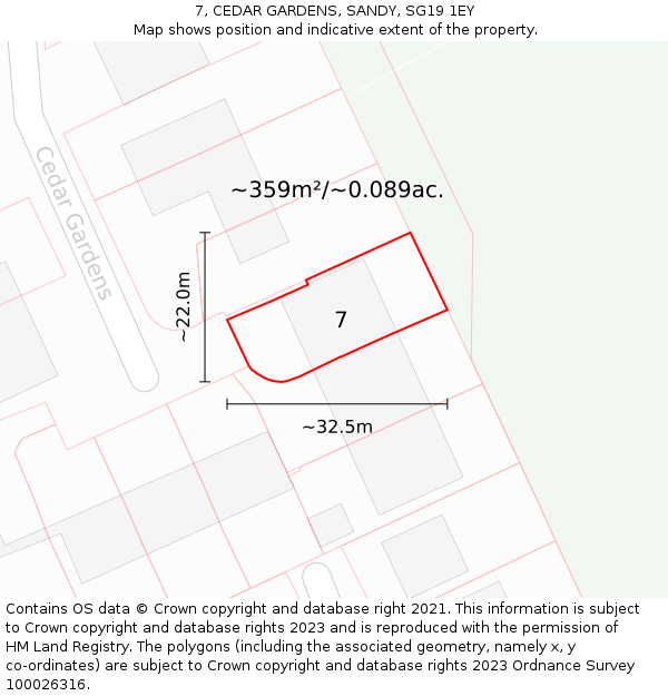 7, CEDAR GARDENS, SANDY, SG19 1EY: Plot and title map