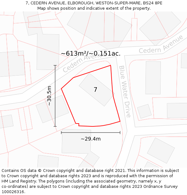 7, CEDERN AVENUE, ELBOROUGH, WESTON-SUPER-MARE, BS24 8PE: Plot and title map