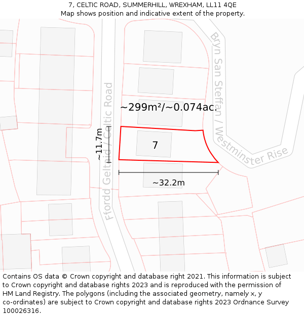7, CELTIC ROAD, SUMMERHILL, WREXHAM, LL11 4QE: Plot and title map