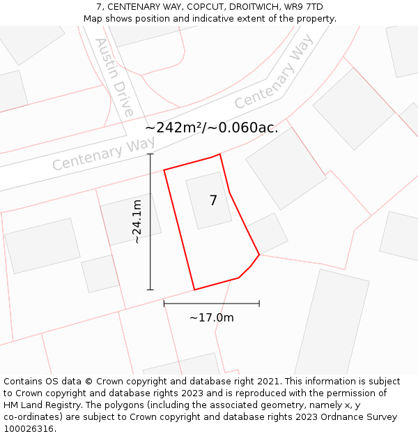 7, CENTENARY WAY, COPCUT, DROITWICH, WR9 7TD: Plot and title map