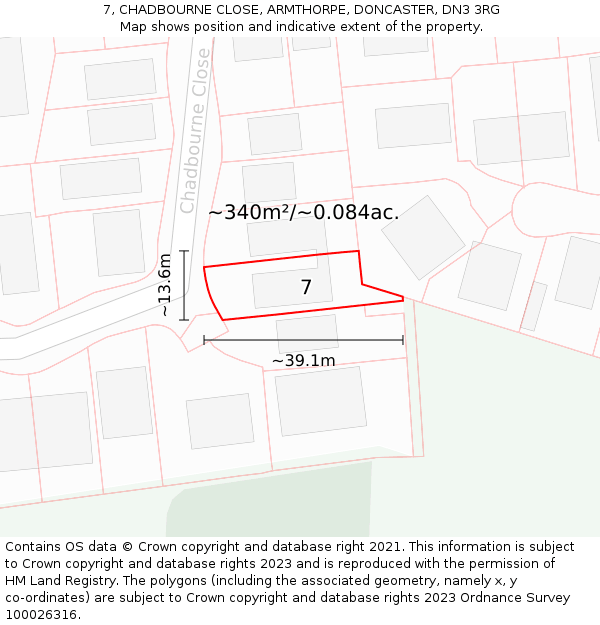 7, CHADBOURNE CLOSE, ARMTHORPE, DONCASTER, DN3 3RG: Plot and title map