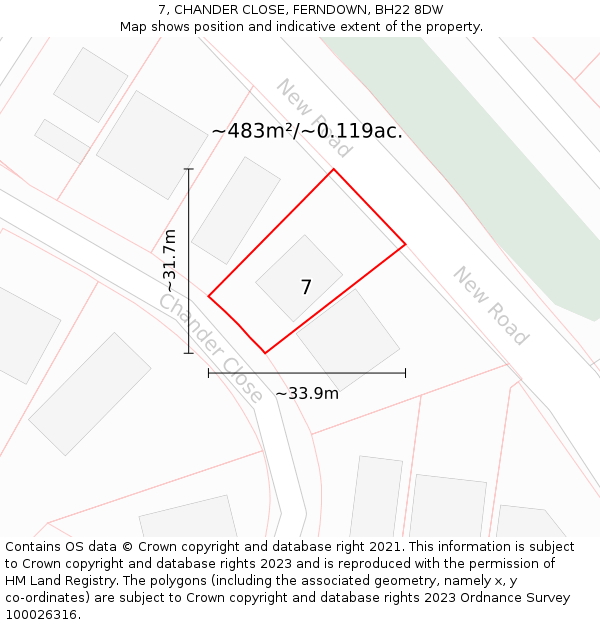 7, CHANDER CLOSE, FERNDOWN, BH22 8DW: Plot and title map
