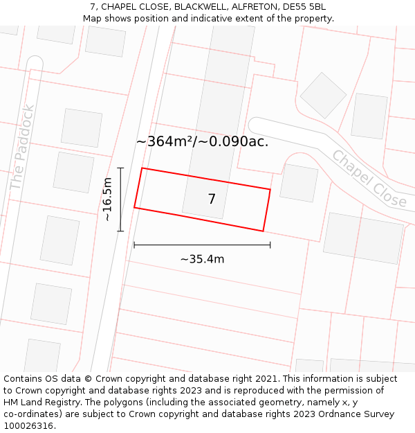 7, CHAPEL CLOSE, BLACKWELL, ALFRETON, DE55 5BL: Plot and title map