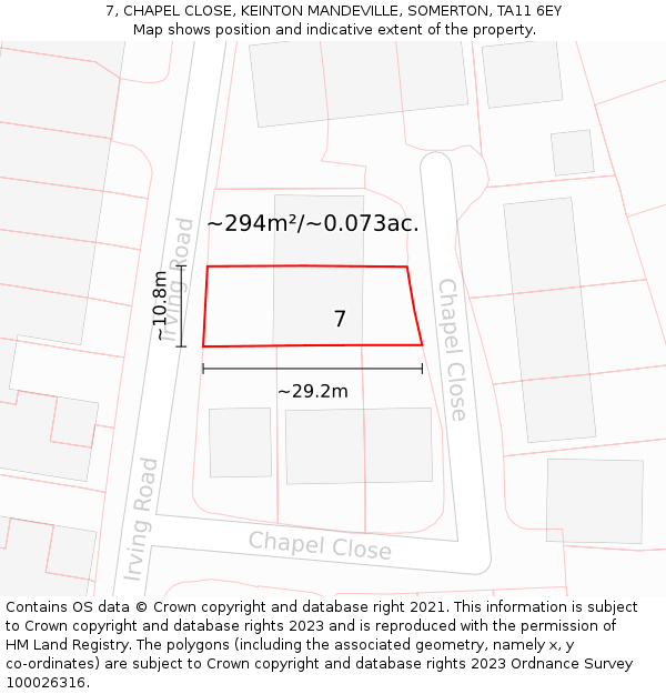 7, CHAPEL CLOSE, KEINTON MANDEVILLE, SOMERTON, TA11 6EY: Plot and title map