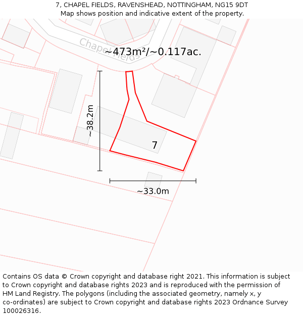 7, CHAPEL FIELDS, RAVENSHEAD, NOTTINGHAM, NG15 9DT: Plot and title map