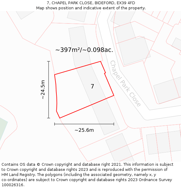7, CHAPEL PARK CLOSE, BIDEFORD, EX39 4FD: Plot and title map