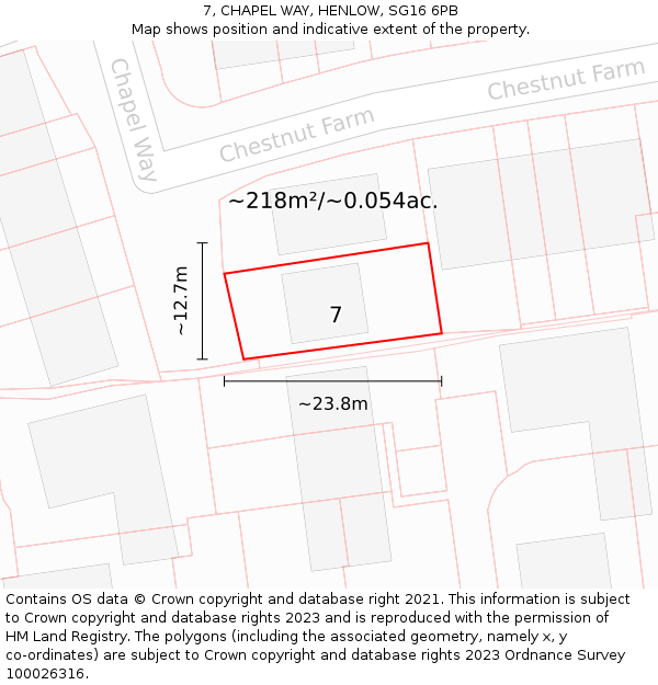 7, CHAPEL WAY, HENLOW, SG16 6PB: Plot and title map