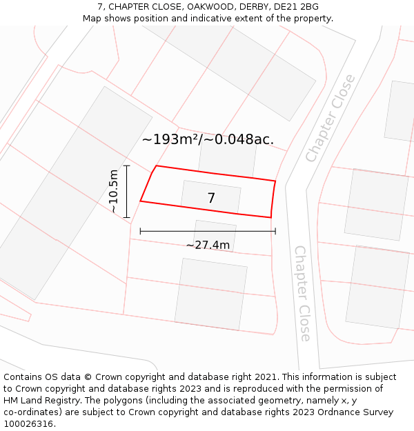 7, CHAPTER CLOSE, OAKWOOD, DERBY, DE21 2BG: Plot and title map