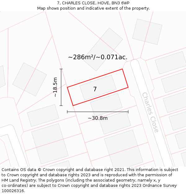 7, CHARLES CLOSE, HOVE, BN3 6WP: Plot and title map
