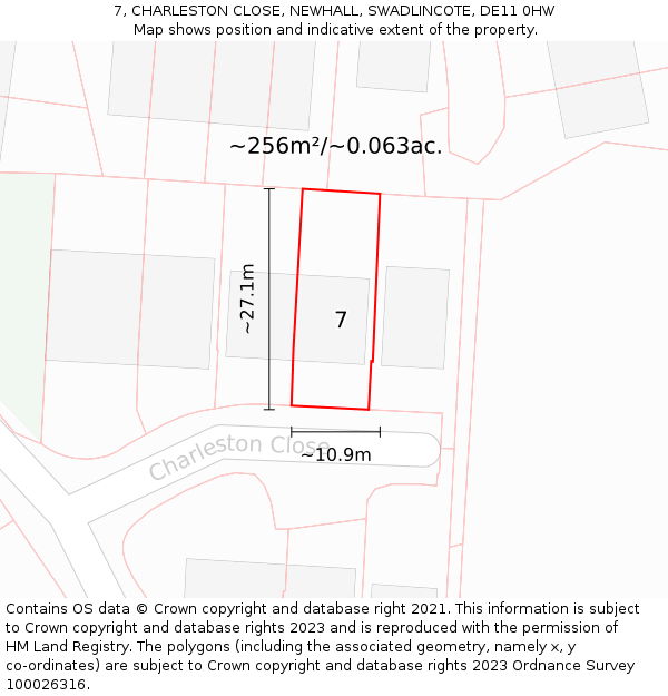 7, CHARLESTON CLOSE, NEWHALL, SWADLINCOTE, DE11 0HW: Plot and title map