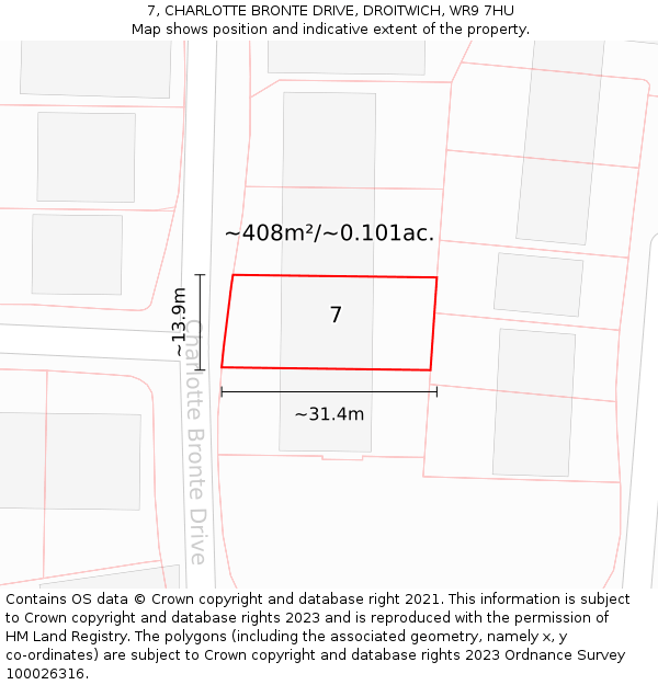7, CHARLOTTE BRONTE DRIVE, DROITWICH, WR9 7HU: Plot and title map