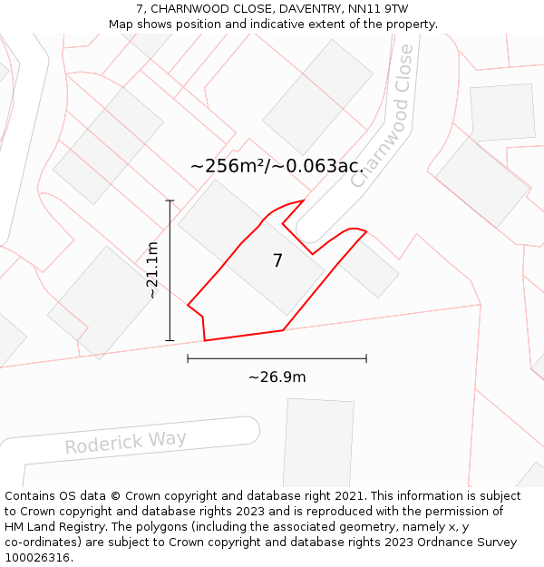 7, CHARNWOOD CLOSE, DAVENTRY, NN11 9TW: Plot and title map