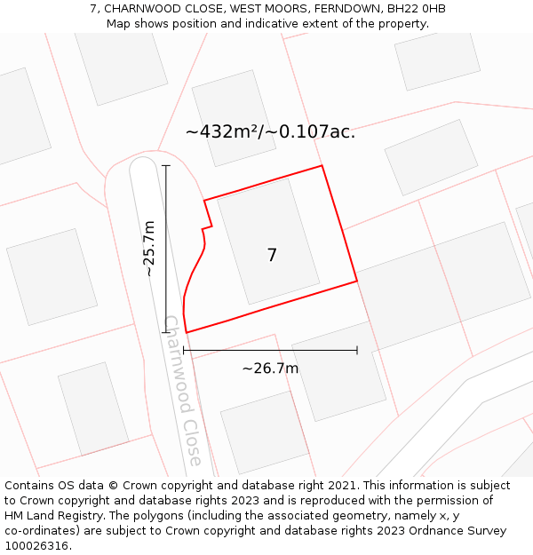 7, CHARNWOOD CLOSE, WEST MOORS, FERNDOWN, BH22 0HB: Plot and title map