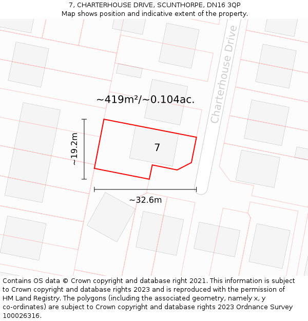 7, CHARTERHOUSE DRIVE, SCUNTHORPE, DN16 3QP: Plot and title map
