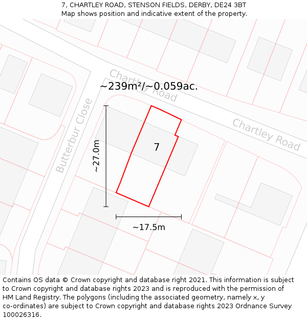 7, CHARTLEY ROAD, STENSON FIELDS, DERBY, DE24 3BT: Plot and title map