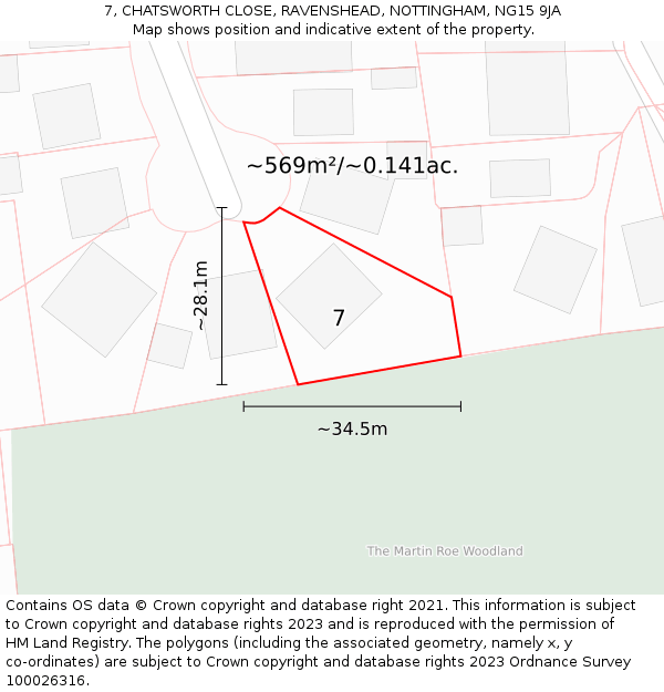 7, CHATSWORTH CLOSE, RAVENSHEAD, NOTTINGHAM, NG15 9JA: Plot and title map