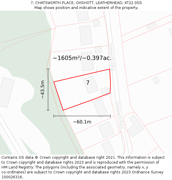 7, CHATSWORTH PLACE, OXSHOTT, LEATHERHEAD, KT22 0SS: Plot and title map