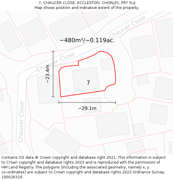 7, CHAUCER CLOSE, ECCLESTON, CHORLEY, PR7 5UJ: Plot and title map