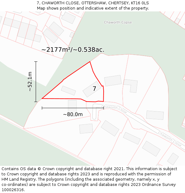 7, CHAWORTH CLOSE, OTTERSHAW, CHERTSEY, KT16 0LS: Plot and title map