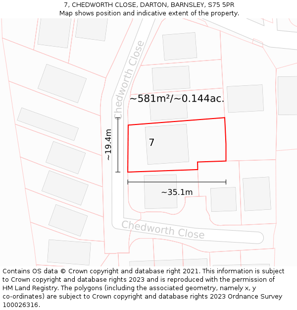 7, CHEDWORTH CLOSE, DARTON, BARNSLEY, S75 5PR: Plot and title map