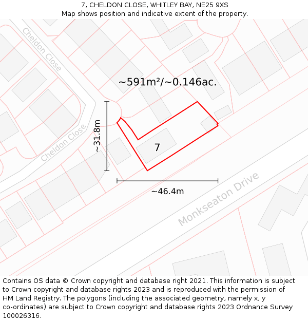 7, CHELDON CLOSE, WHITLEY BAY, NE25 9XS: Plot and title map