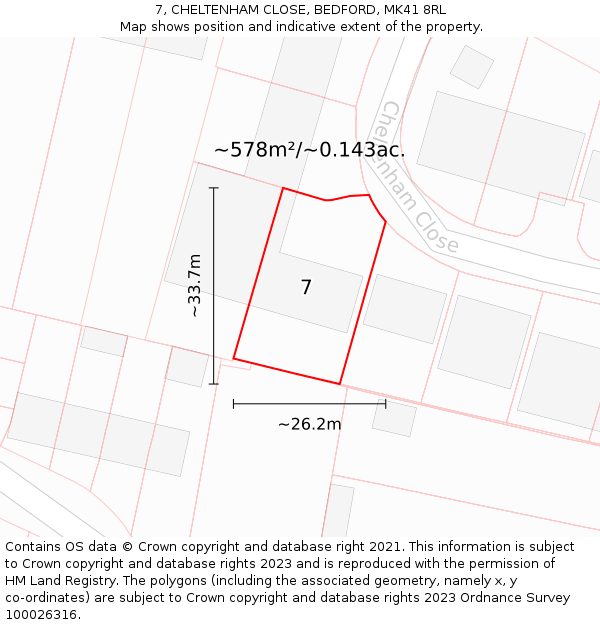 7, CHELTENHAM CLOSE, BEDFORD, MK41 8RL: Plot and title map