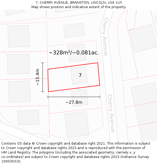 7, CHERRY AVENUE, BRANSTON, LINCOLN, LN4 1UY: Plot and title map