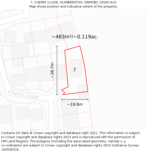7, CHERRY CLOSE, HUMBERSTON, GRIMSBY, DN36 4US: Plot and title map