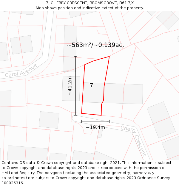 7, CHERRY CRESCENT, BROMSGROVE, B61 7JX: Plot and title map