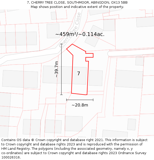 7, CHERRY TREE CLOSE, SOUTHMOOR, ABINGDON, OX13 5BB: Plot and title map