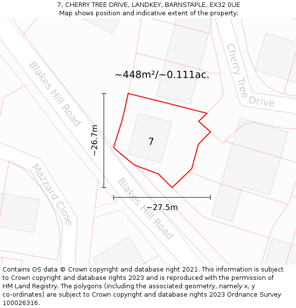 7, CHERRY TREE DRIVE, LANDKEY, BARNSTAPLE, EX32 0UE: Plot and title map