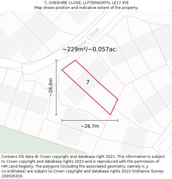 7, CHESHIRE CLOSE, LUTTERWORTH, LE17 4YE: Plot and title map