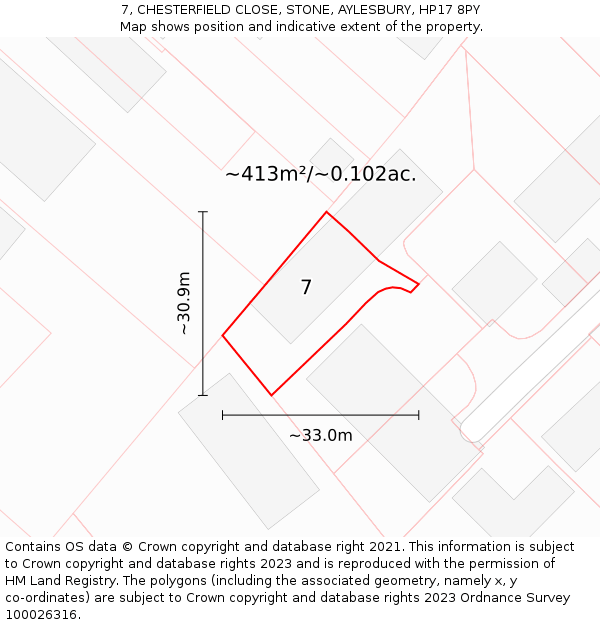 7, CHESTERFIELD CLOSE, STONE, AYLESBURY, HP17 8PY: Plot and title map