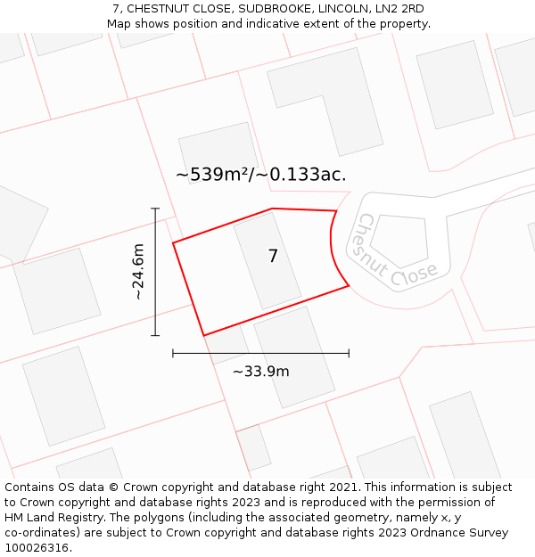 7, CHESTNUT CLOSE, SUDBROOKE, LINCOLN, LN2 2RD: Plot and title map