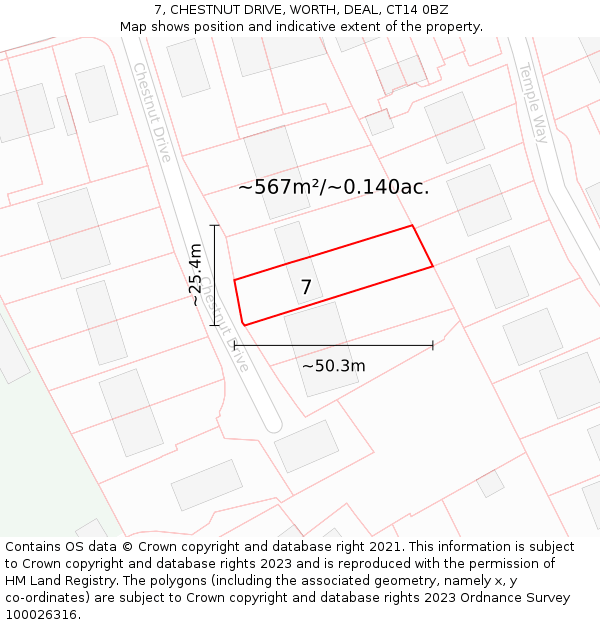 7, CHESTNUT DRIVE, WORTH, DEAL, CT14 0BZ: Plot and title map